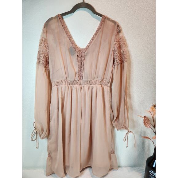 Vero Moda Modura Boho Lace Dress S Beige Long Sleeve Sheer Romantic Flowy chic - Picture 2 of 8